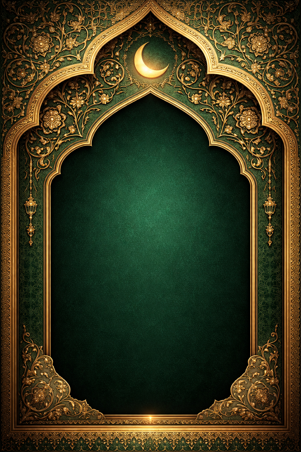 Ornate gold Islamic mihrab arch frame with intricate arabesque patterns on deep green, small crescent moon at top -- Masha Allah vertical 9:16 WhatsApp wallpaper HD